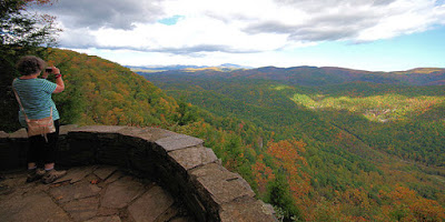 Woman on a stone viewing platform taking photo of tree-filled gorge