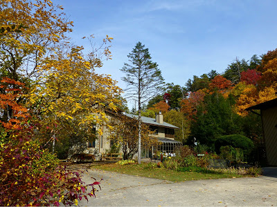 Lodge style bed and breakfast in the woods surrounded by beautiful fall foliage