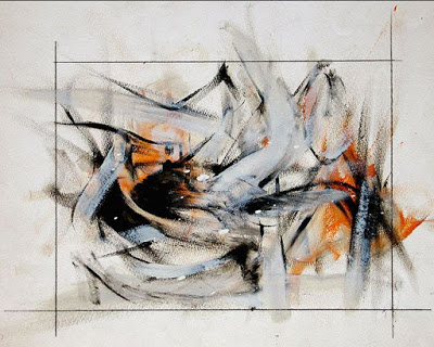 Abstract artwork using black, gray and orange brush strokes