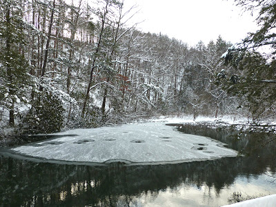 Pond in the woods starting to be covered with ice and snow