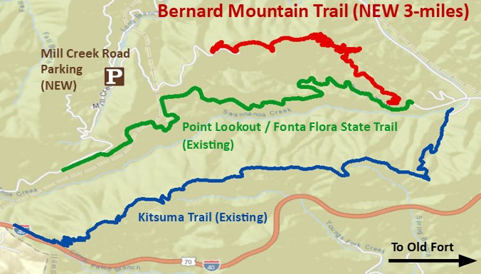 Map showing new Bernard Mountain Trail in Pisgah National Forest and Old Fort, North Carolina