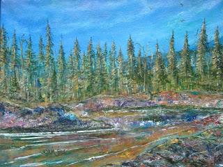 Painting of tall pine trees along a stream under a blue sky with wispy clouds