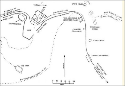 Map of hiking trail showing ruins of an old lodge