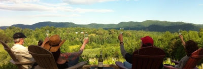 Small group of people making a toast as they view mountains in the distance