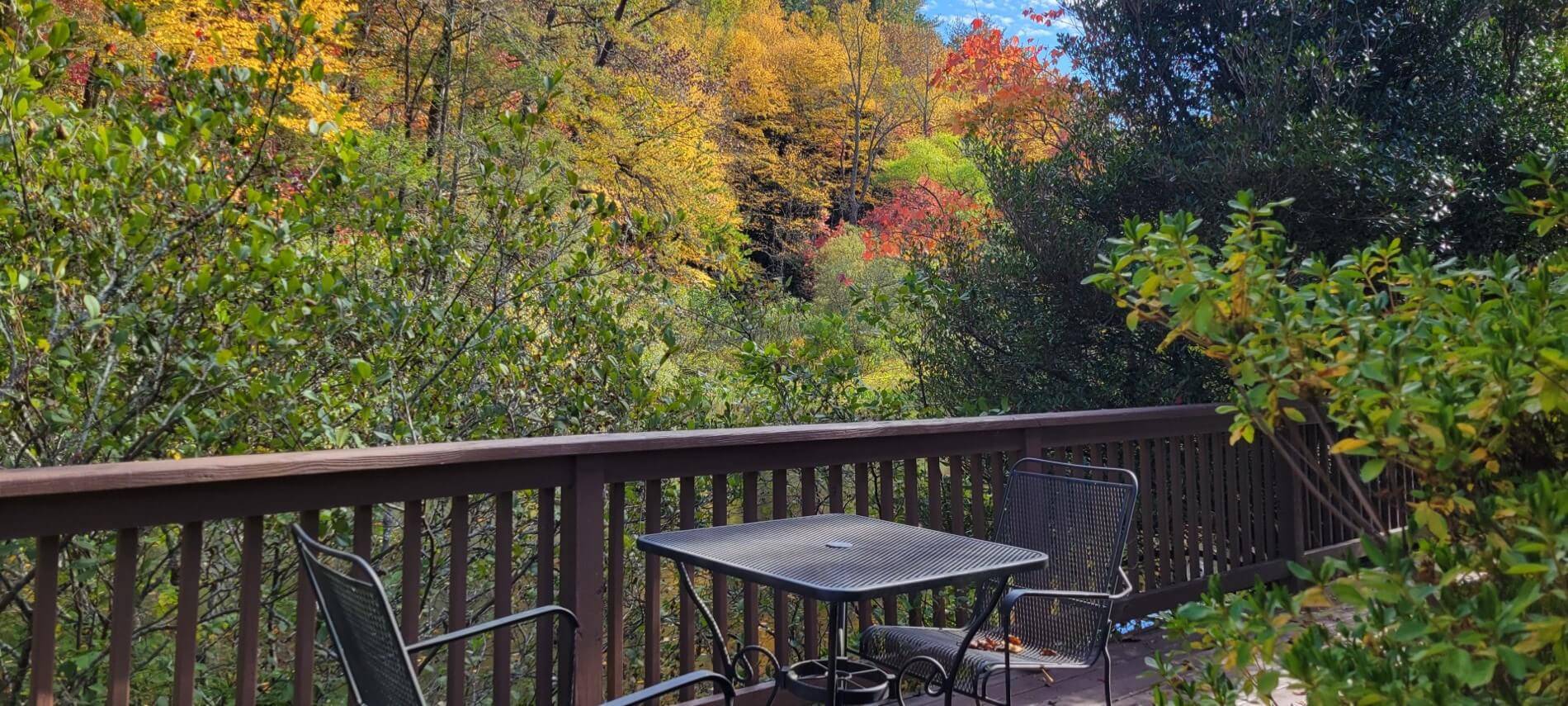deck with black metal table and chairs surrounded by woods during fall